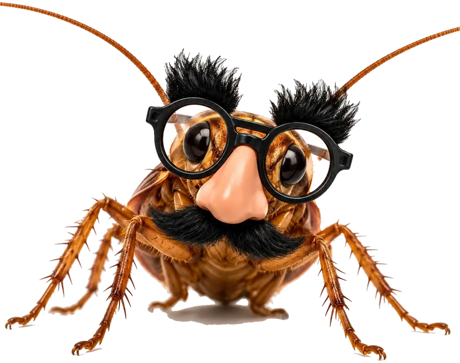 A cockroach wearing a joke disguise of round glasses, a big nose and a mustache
